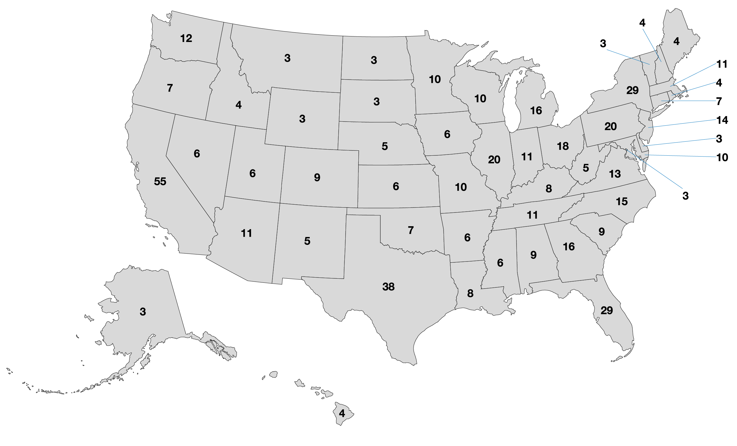 Mapa de los Estados Unidos donde se muestra el numero de electores que tiene cada estado más Washington DC. Tomado de Our White House